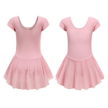 Detský baletný kostým s krajkovou krátkou rukávou z gázy, tylová sukňa; pletená látka s 80% elastánu; pre dievčatá nad 8 rokov (výška nad 140 cm)