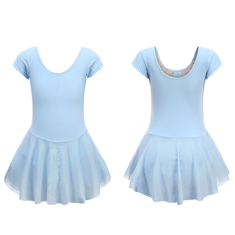 Detský baletný kostým s krajkovou krátkou rukávou z gázy, tylová sukňa; pletená látka s 80% elastánu; pre dievčatá nad 8 rokov (výška nad 140 cm)