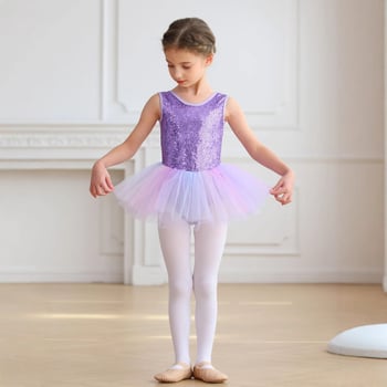 Costum de balet pentru copii cu body din nylon și tutu cu paiete; material nylon, tratare moale, pentru fete 3–8 ani