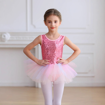 Costum de balet pentru copii cu body din nylon și tutu cu paiete; material nylon, tratare moale, pentru fete 3–8 ani