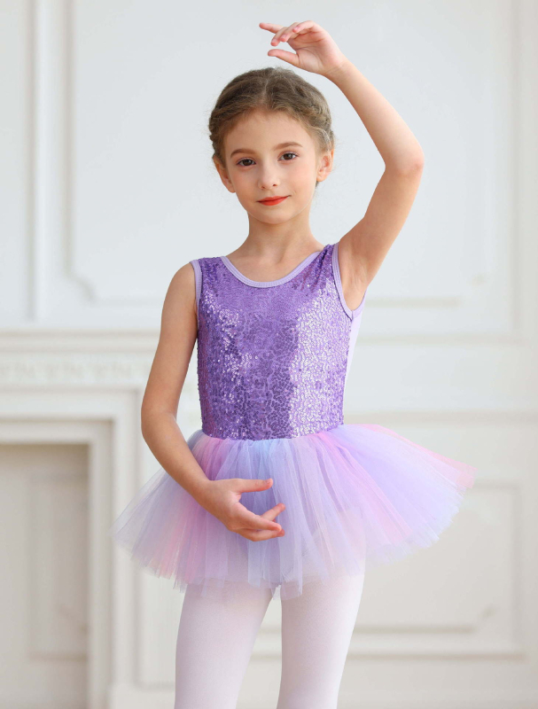 Costum de balet pentru copii cu body din nylon și tutu cu paiete; material nylon, tratare moale, pentru fete 3–8 ani