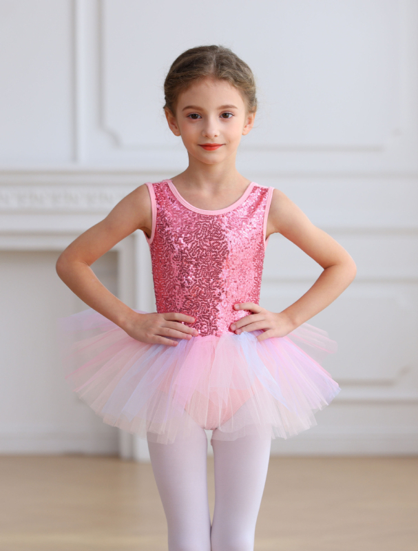 Costum de balet pentru copii cu body din nylon și tutu cu paiete; material nylon, tratare moale, pentru fete 3–8 ani