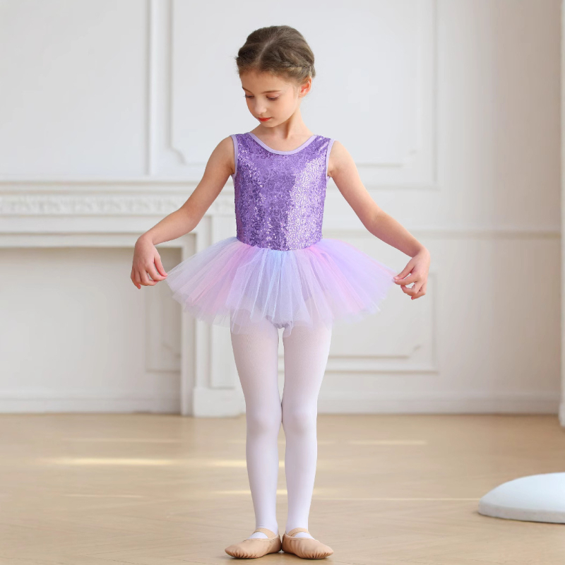 Costum de balet pentru copii cu body din nylon și tutu cu paiete; material nylon, tratare moale, pentru fete 3–8 ani