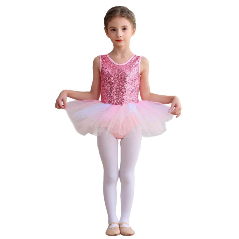 Costum de balet pentru copii cu body din nylon și tutu cu paiete; material nylon, tratare moale, pentru fete 3–8 ani