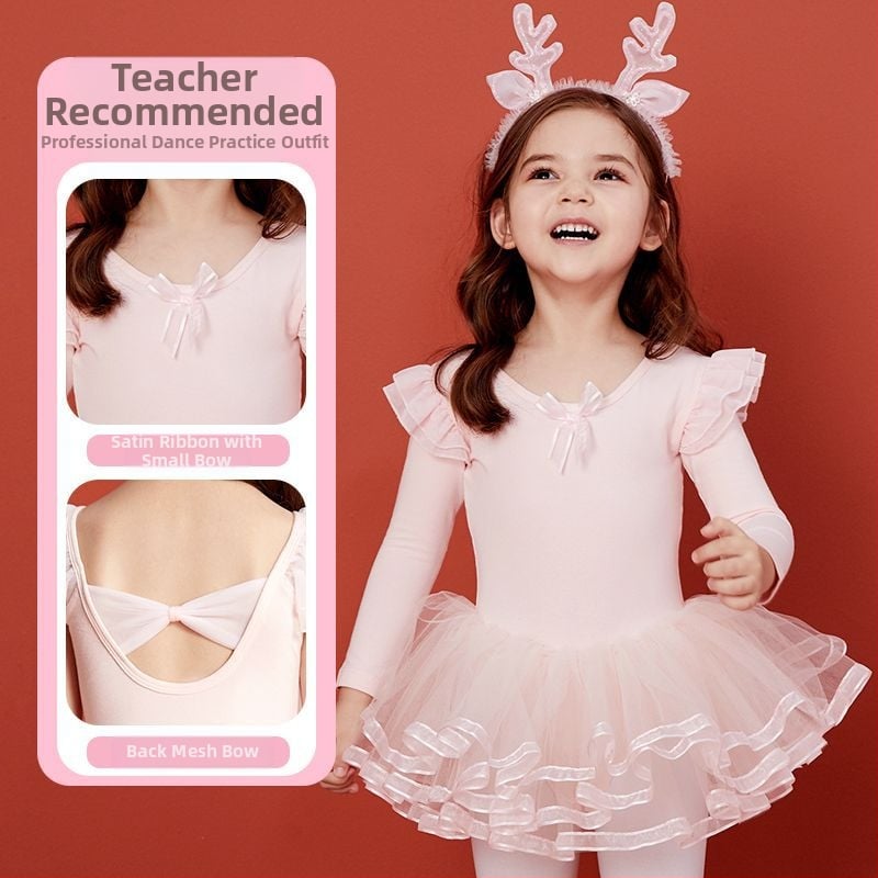 Rochie de dans pentru copii, cu mâneci lungi și fustă tutu, țesătură TR, PVC material principal, conținut 90–95%, stil chinezesc, retro literar, Primăvara 2025