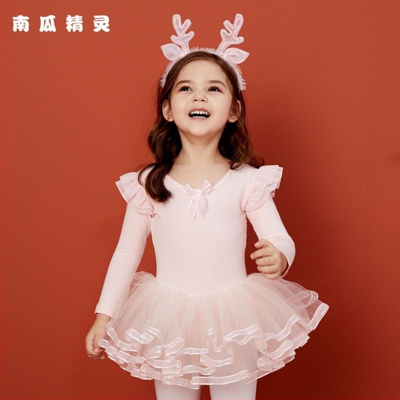 Rochie de dans pentru copii, cu mâneci lungi și fustă tutu, țesătură TR, PVC material principal, conținut 90–95%, stil chinezesc, retro literar, Primăvara 2025