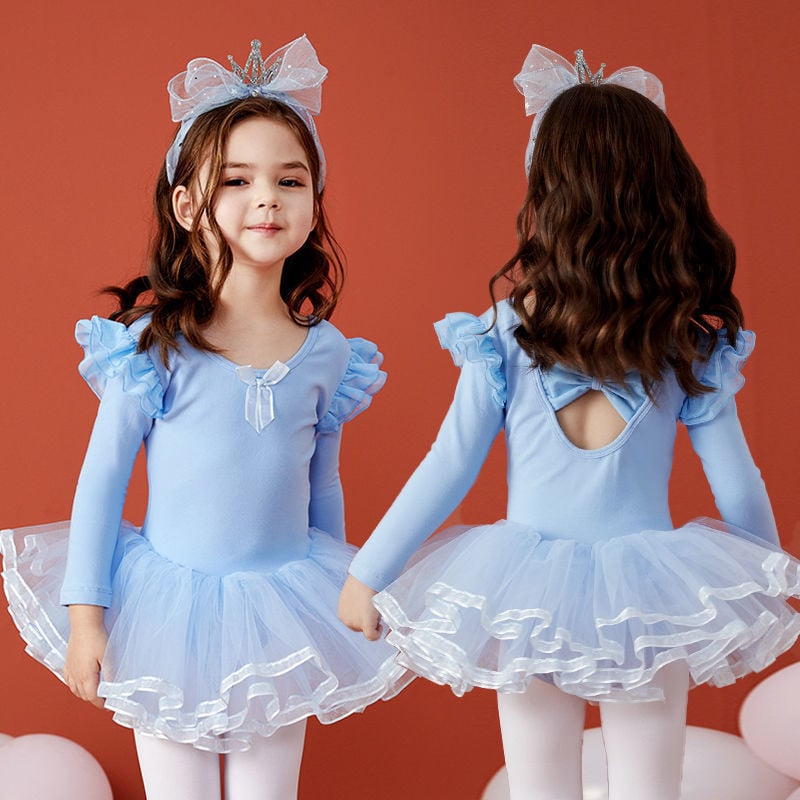 Rochie de dans pentru copii, cu mâneci lungi și fustă tutu, țesătură TR, PVC material principal, conținut 90–95%, stil chinezesc, retro literar, Primăvara 2025