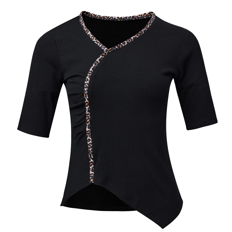 Top modern de dans pentru femei adulte — decolteu în V, mâneci medii, croială asimetrică, bumbac în dungi