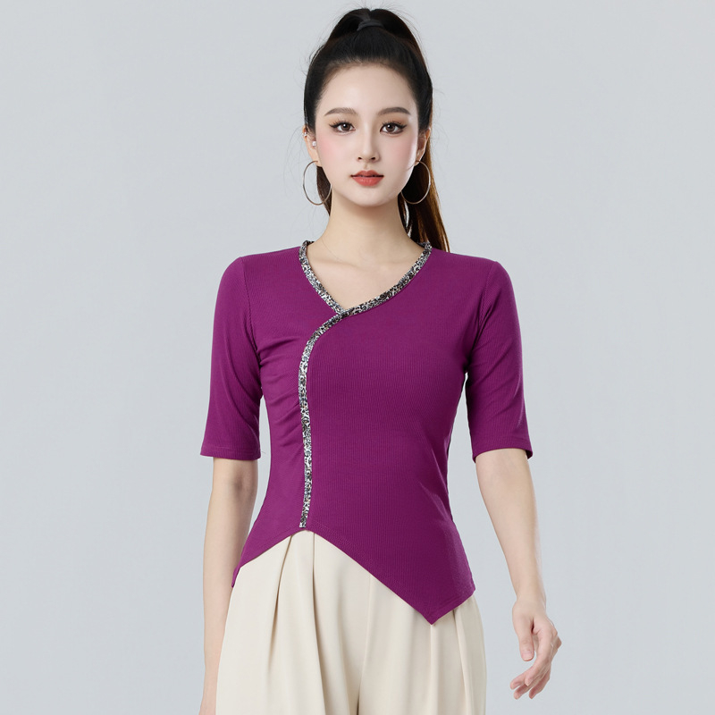 Top modern de dans pentru femei adulte — decolteu în V, mâneci medii, croială asimetrică, bumbac în dungi