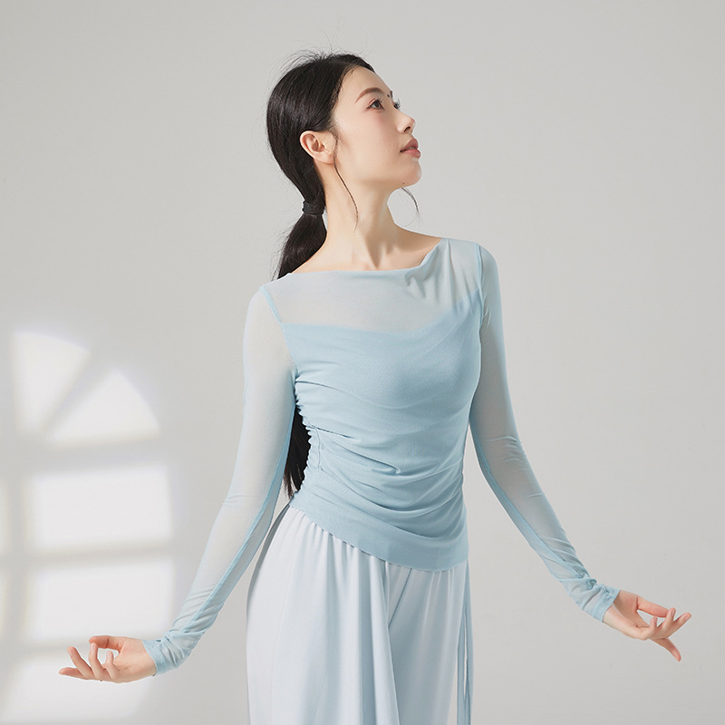 Top de dans modern: croi slim, mâneci lungi, din plasă; compoziție 95% Nylon, căptușeală din viscoză 93%, culoare solidă