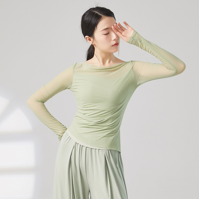 Top de dans modern: croi slim, mâneci lungi, din plasă; compoziție 95% Nylon, căptușeală din viscoză 93%, culoare solidă