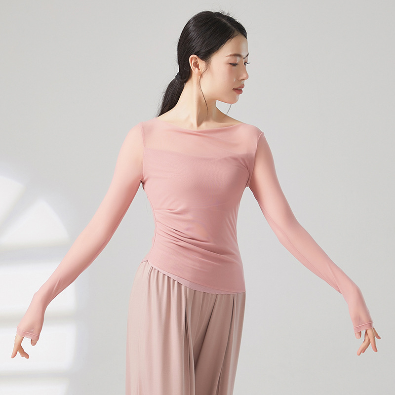 Top de dans modern: croi slim, mâneci lungi, din plasă; compoziție 95% Nylon, căptușeală din viscoză 93%, culoare solidă