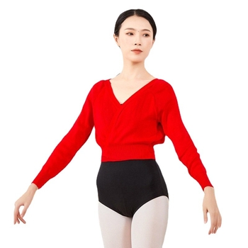 Baletný kardigán s viazaním, dlhé rukávy, pletená akrylová tkanina, jednofarebný vzor, pre dospelé ženy, na baletné cvičenie