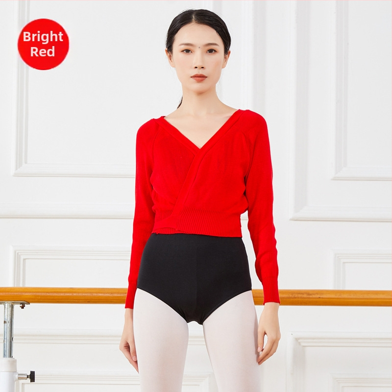 Baletný kardigán s viazaním, dlhé rukávy, pletená akrylová tkanina, jednofarebný vzor, pre dospelé ženy, na baletné cvičenie