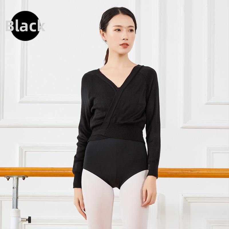 Baletný kardigán s viazaním, dlhé rukávy, pletená akrylová tkanina, jednofarebný vzor, pre dospelé ženy, na baletné cvičenie