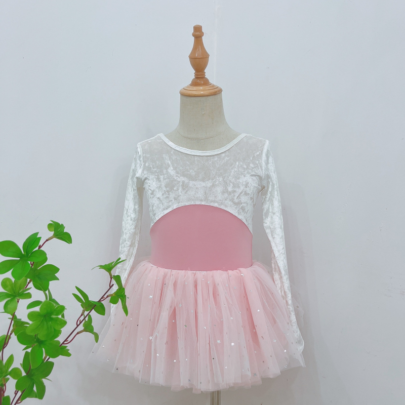 Dječji plesni bodiji s dugim rukavima, s veluro panelima, za kineski ples, narodni ples i balet; 80% najlon, tkanina brocade imitation cotton; za djevojčice od 8 godina