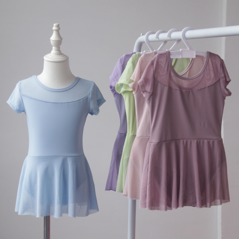 Nylon gyerekeknek szánt nyári táncruha edzésre, rövid ujjú, nyitott elejű egyrészes ruha balett és kínai tánc számára
