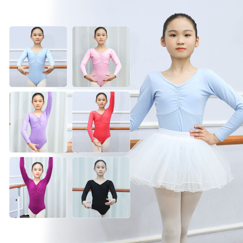 Gyerek balett egyrészes öltözet edzésre és vizsgákra, hosszú ujjú, 93% pamut, lágy felület, 8 évesnél idősebb lányoknak