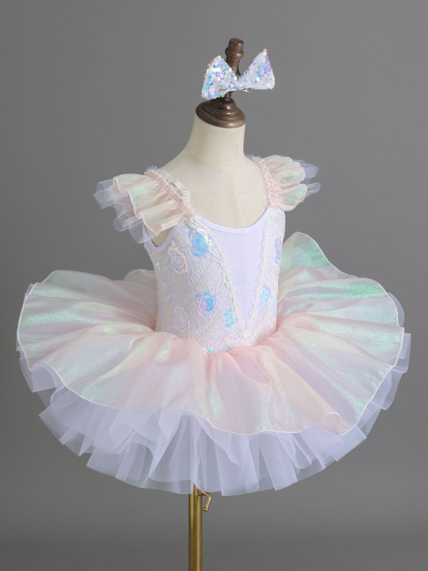 Costum de balet pentru copii, stil prințesă cu paiete, din poliester moale tratat, pentru fetițe între 3 și 8 ani