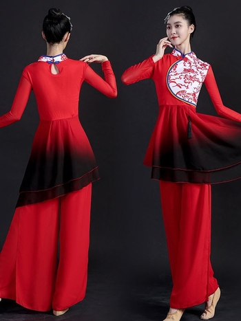 Etno táncruha Yangge számára, nőknek; felső rész: pamut + chiffon; alsó rész: chiffon; 50% réz-ammonia rost