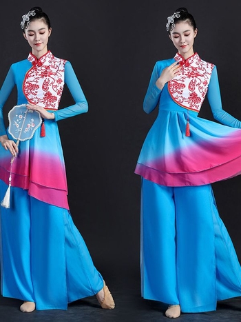 Etno táncruha Yangge számára, nőknek; felső rész: pamut + chiffon; alsó rész: chiffon; 50% réz-ammonia rost