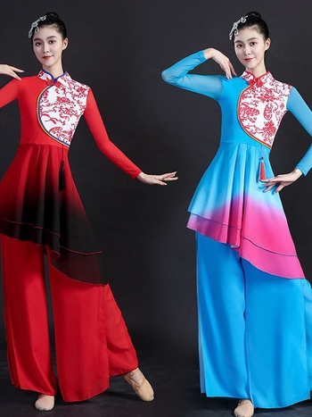 Etno táncruha Yangge számára, nőknek; felső rész: pamut + chiffon; alsó rész: chiffon; 50% réz-ammonia rost