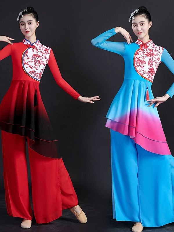 Etno táncruha Yangge számára, nőknek; felső rész: pamut + chiffon; alsó rész: chiffon; 50% réz-ammonia rost