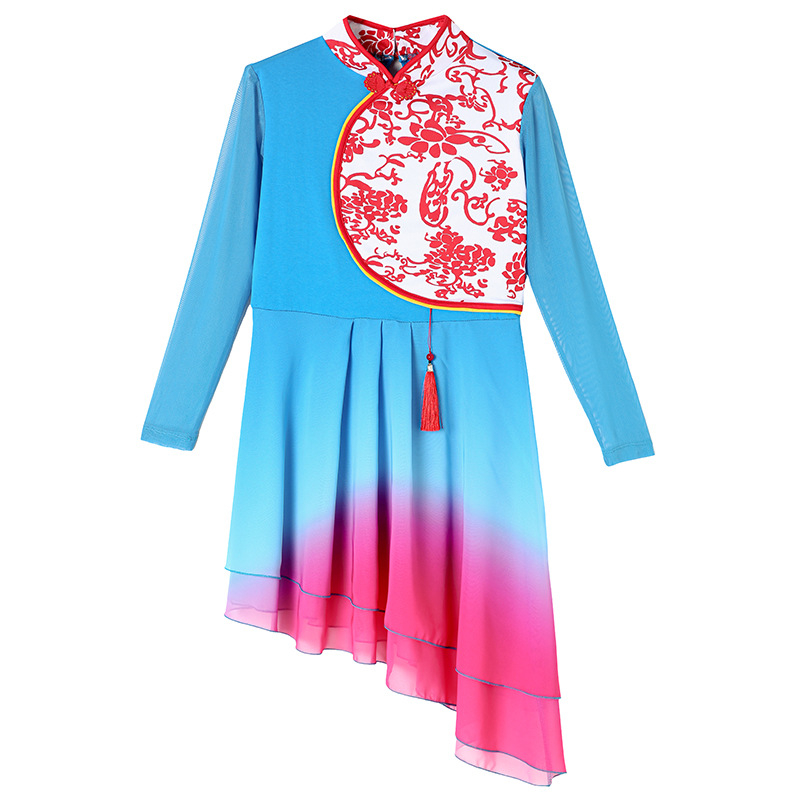 Etno táncruha Yangge számára, nőknek; felső rész: pamut + chiffon; alsó rész: chiffon; 50% réz-ammonia rost