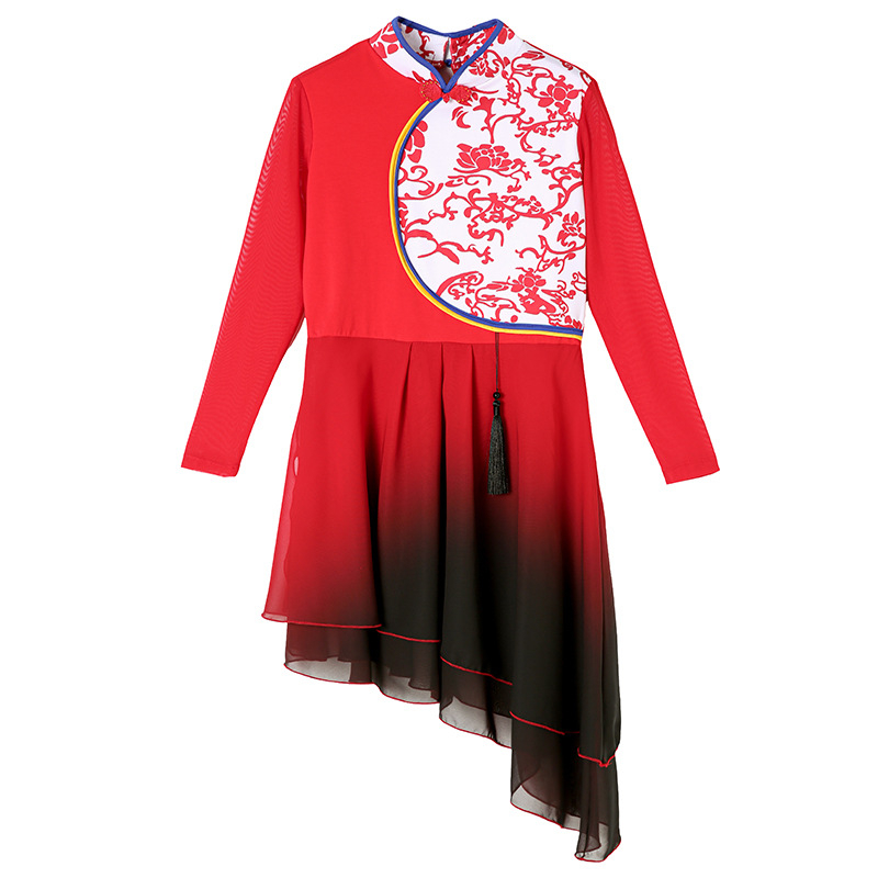 Etno táncruha Yangge számára, nőknek; felső rész: pamut + chiffon; alsó rész: chiffon; 50% réz-ammonia rost