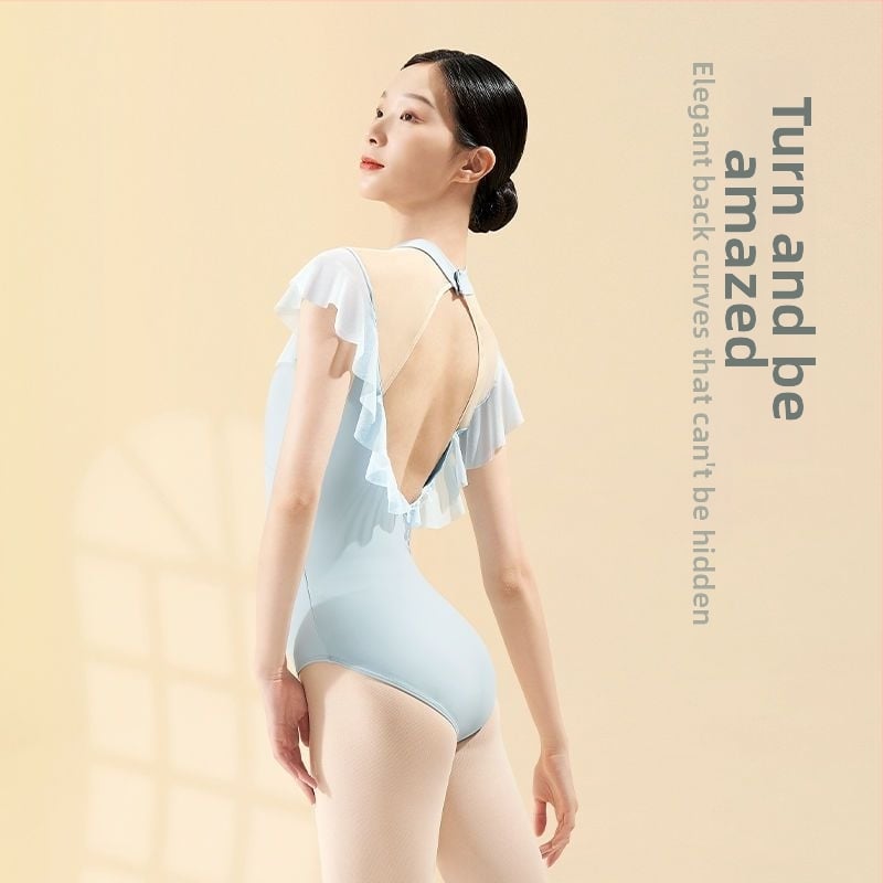 Îmbrăcăminte de dans pentru femei, body balet cu mâneci scurte, fără spate, guler înalt, primăvara 2025; țesătură TR; PVC ≤ 30%