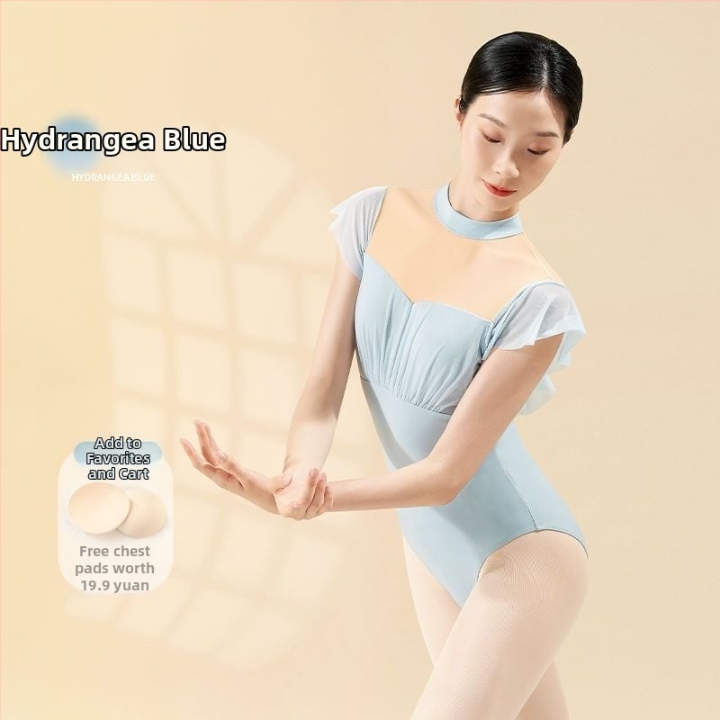 Îmbrăcăminte de dans pentru femei, body balet cu mâneci scurte, fără spate, guler înalt, primăvara 2025; țesătură TR; PVC ≤ 30%