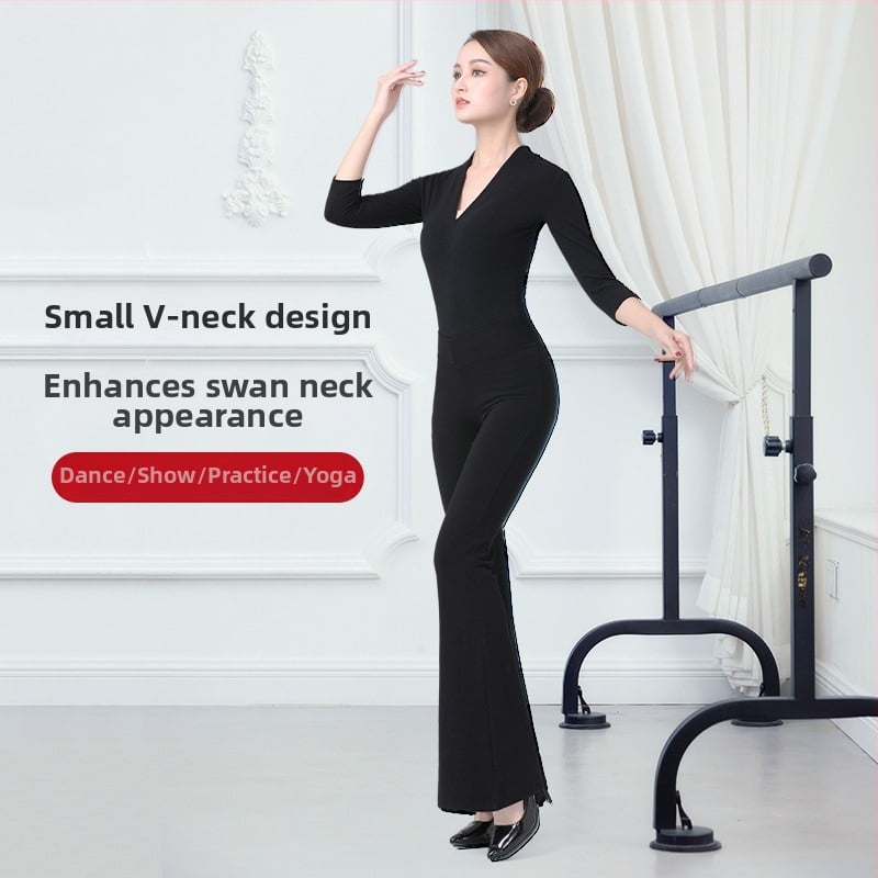 Modern táncruházati készlet V-nyakú bodival és széles szárú nadrággal, 87% pamut anyag és 87% pamut bélés, felnőtt nőknek.