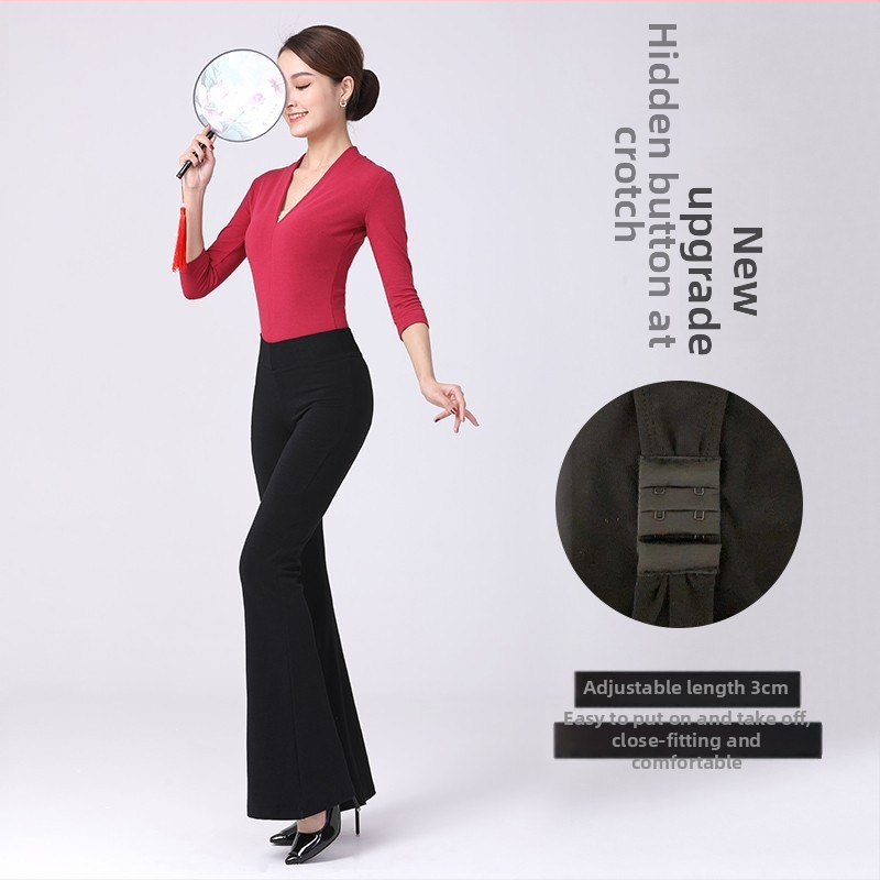 Modern táncruházati készlet V-nyakú bodival és széles szárú nadrággal, 87% pamut anyag és 87% pamut bélés, felnőtt nőknek.