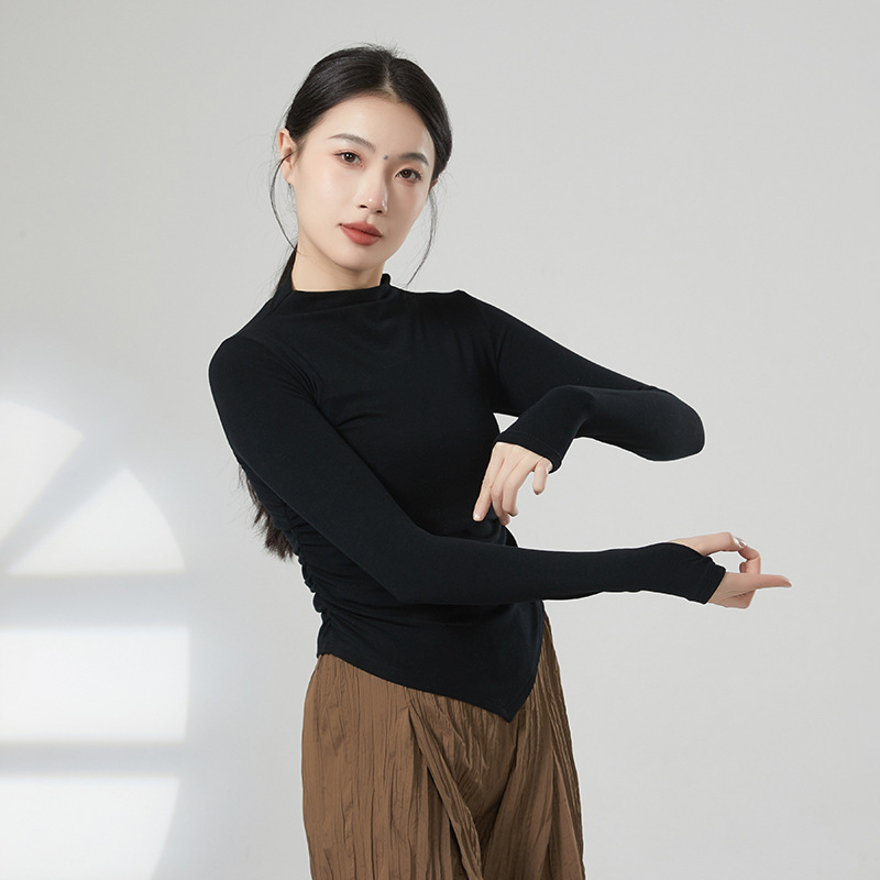 Μοντέρνο χορευτικό τοπ προπονήσεων – γυναικείο μακρυμάνικο πλεκτό τοπ, βισκόζη 93% με 7% ελαστάν, ύφασμα ριβέν βαμβάκι, κατάλληλο για εμφανίσεις σε μπαλέτο, Latin και εθνικούς χορούς