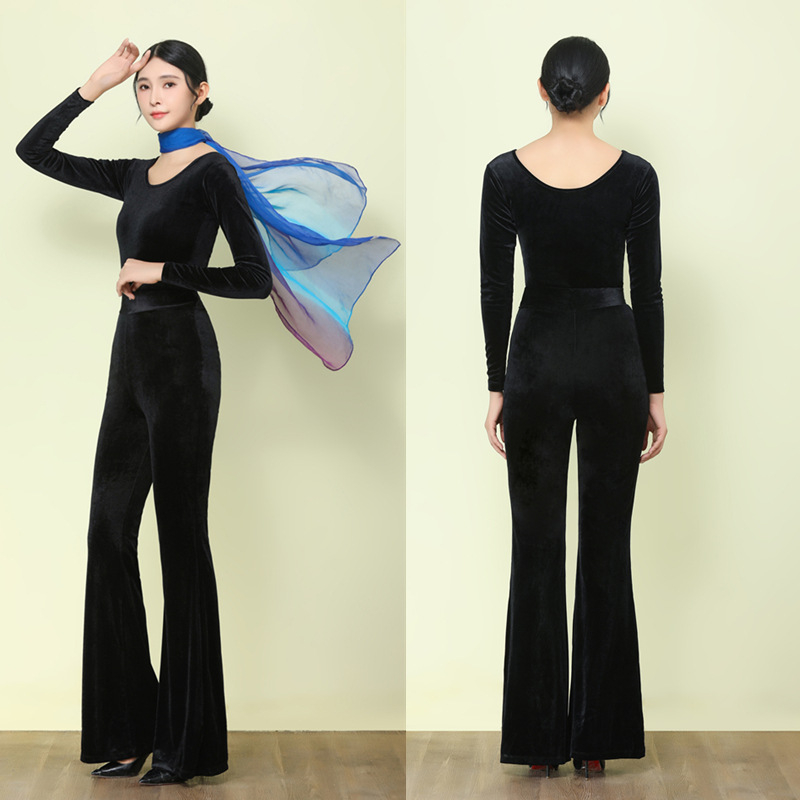 Costum de dans modern pentru femei, din catifea auriu, material: 80% poliester (căptușeală 80%), pentru iarnă și toamnă; potrivit pentru balet, dansuri latine, dansuri etnice și dansuri standard naționale