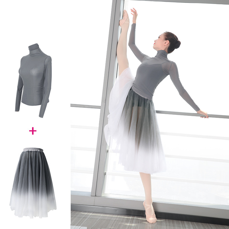 Set balet pentru femei adulte – Dans modern, guler înalt, mâneci lungi, top din plasă, 100% poliester, toamnă