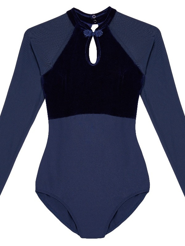 Salopetă de balet pentru adulți, mânecă lungă, design din catifea cu detaliu de picur de apă, material nylon cu căptușeală Spandex