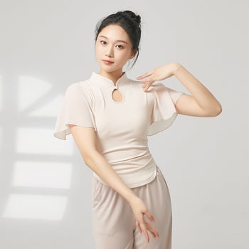 Tánctop mandarin gallérral, rövid fodros ujjak, bordázott pamut + chiffon, 92,2% viszkóz, etnikai táncfelső