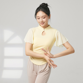 Tánctop mandarin gallérral, rövid fodros ujjak, bordázott pamut + chiffon, 92,2% viszkóz, etnikai táncfelső