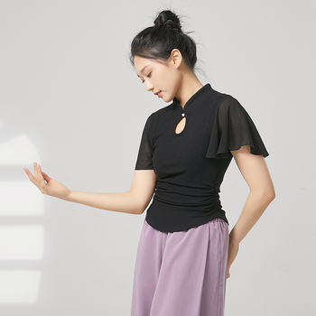 Tánctop mandarin gallérral, rövid fodros ujjak, bordázott pamut + chiffon, 92,2% viszkóz, etnikai táncfelső