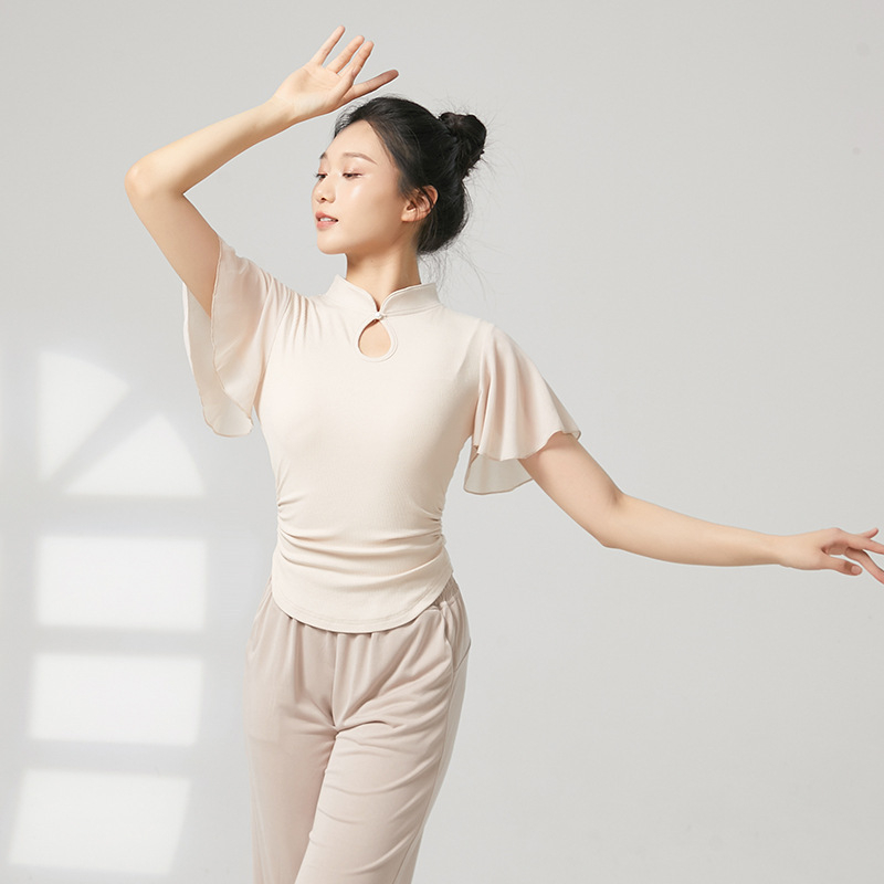 Tánctop mandarin gallérral, rövid fodros ujjak, bordázott pamut + chiffon, 92,2% viszkóz, etnikai táncfelső