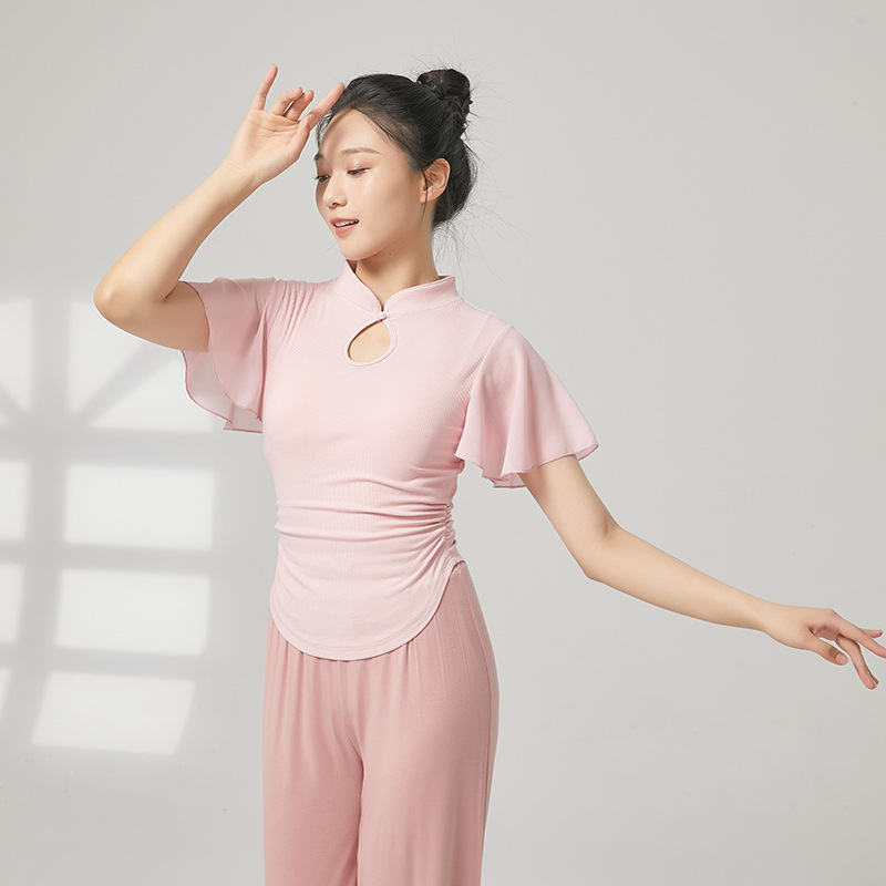 Tánctop mandarin gallérral, rövid fodros ujjak, bordázott pamut + chiffon, 92,2% viszkóz, etnikai táncfelső