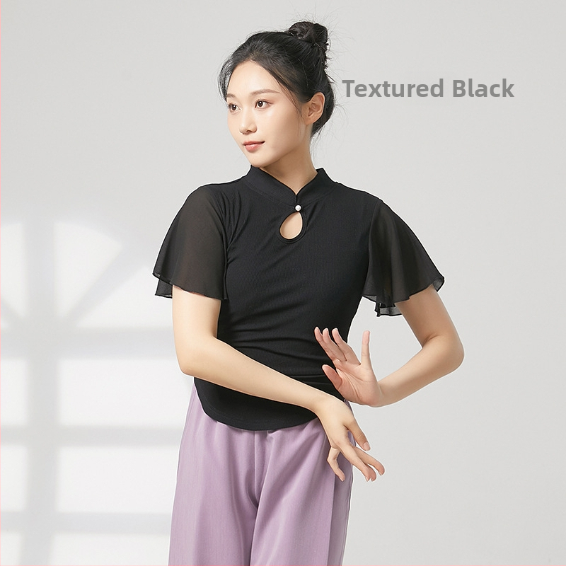 Tánctop mandarin gallérral, rövid fodros ujjak, bordázott pamut + chiffon, 92,2% viszkóz, etnikai táncfelső