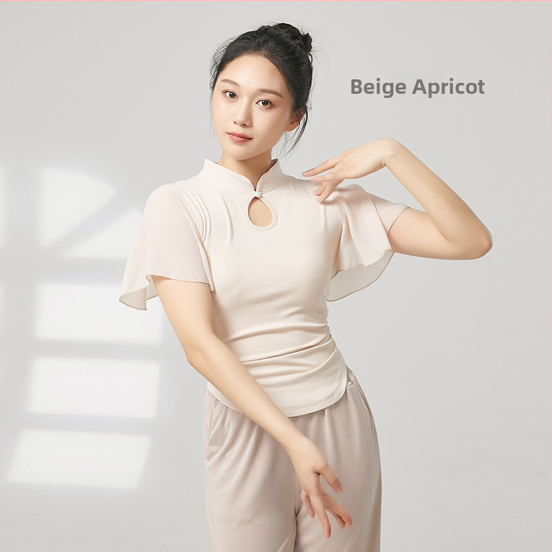 Tánctop mandarin gallérral, rövid fodros ujjak, bordázott pamut + chiffon, 92,2% viszkóz, etnikai táncfelső