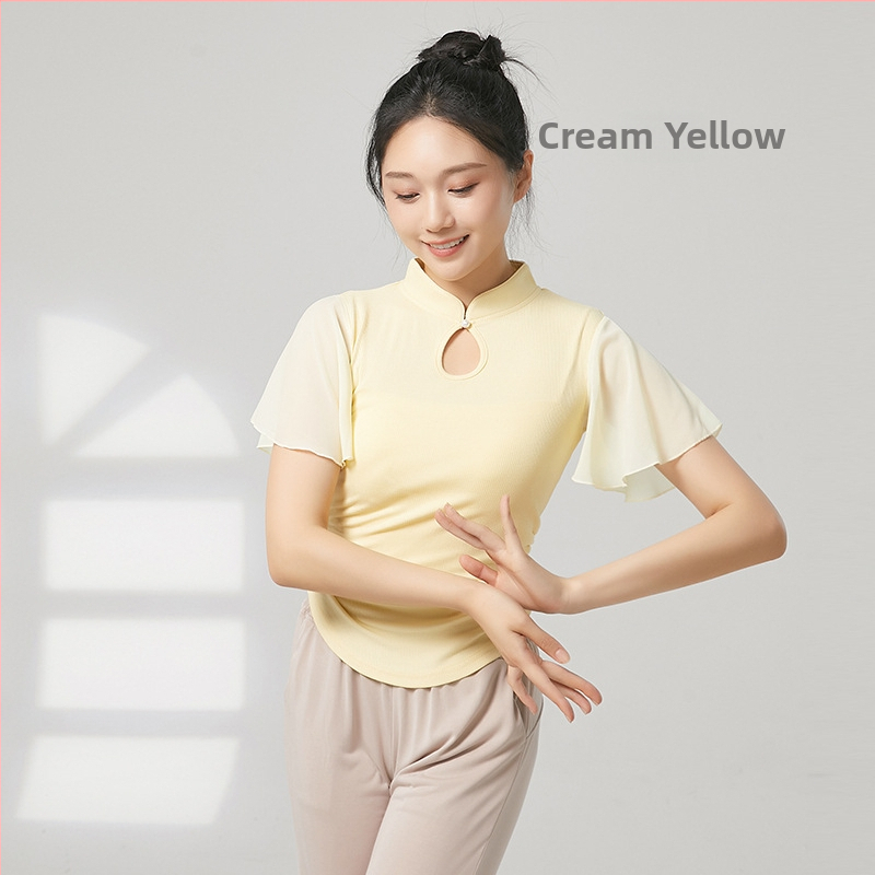 Tánctop mandarin gallérral, rövid fodros ujjak, bordázott pamut + chiffon, 92,2% viszkóz, etnikai táncfelső