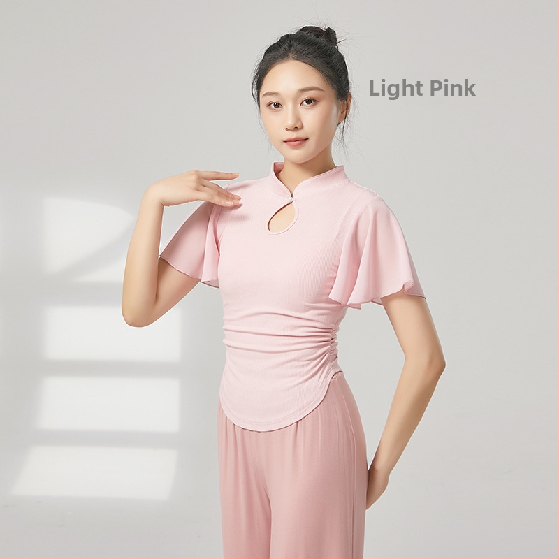 Tánctop mandarin gallérral, rövid fodros ujjak, bordázott pamut + chiffon, 92,2% viszkóz, etnikai táncfelső