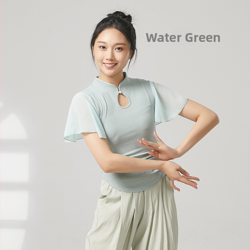 Tánctop mandarin gallérral, rövid fodros ujjak, bordázott pamut + chiffon, 92,2% viszkóz, etnikai táncfelső