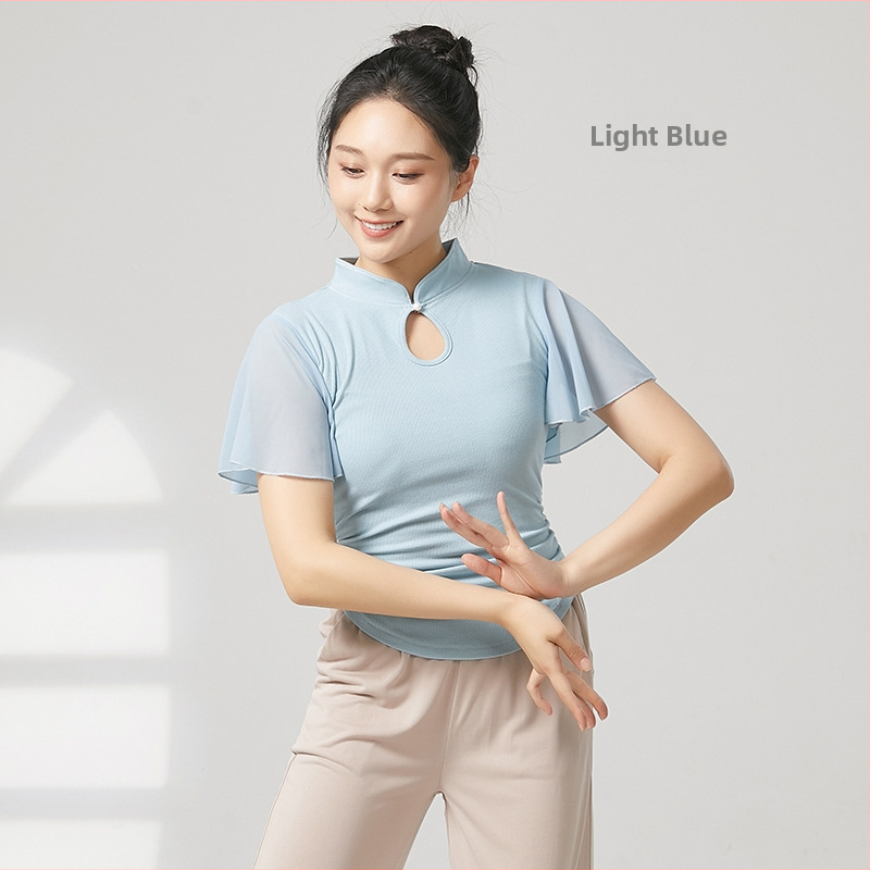 Tánctop mandarin gallérral, rövid fodros ujjak, bordázott pamut + chiffon, 92,2% viszkóz, etnikai táncfelső