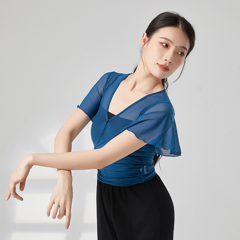 Etnikus táncruha — hálószövésű anyag, 95% nejlon, női rövid ujjú dzseki, színpadi előadásokhoz és etnikai táncokhoz