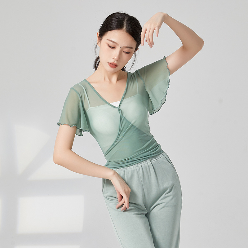 Etnikus táncruha — hálószövésű anyag, 95% nejlon, női rövid ujjú dzseki, színpadi előadásokhoz és etnikai táncokhoz